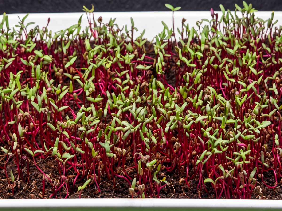 Beet microgreens growing in a tray