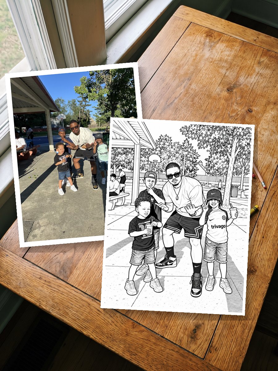 A family photo next to the custom coloring page made from it