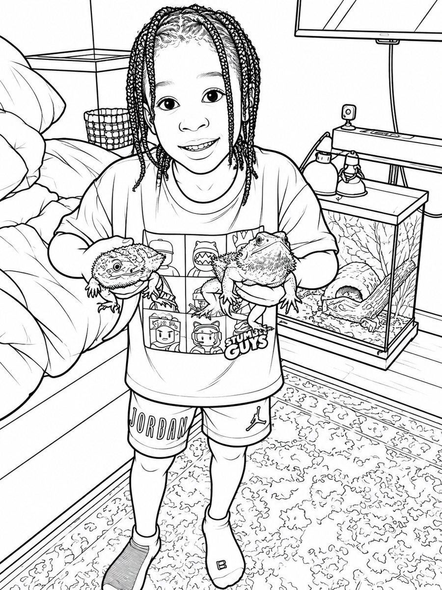 With their bearded dragons: the finished coloring page
